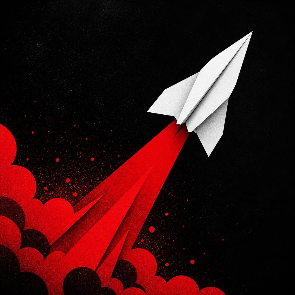 Arte de rede social com foguete de papel decolando